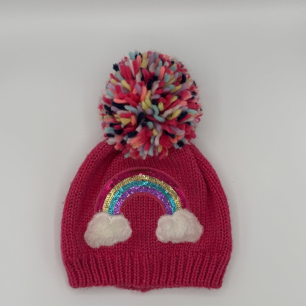 Children’s Place Pink Beanie With A Colorful Pom-Pom & Sequin Rainbow. Sz 2T-3T.